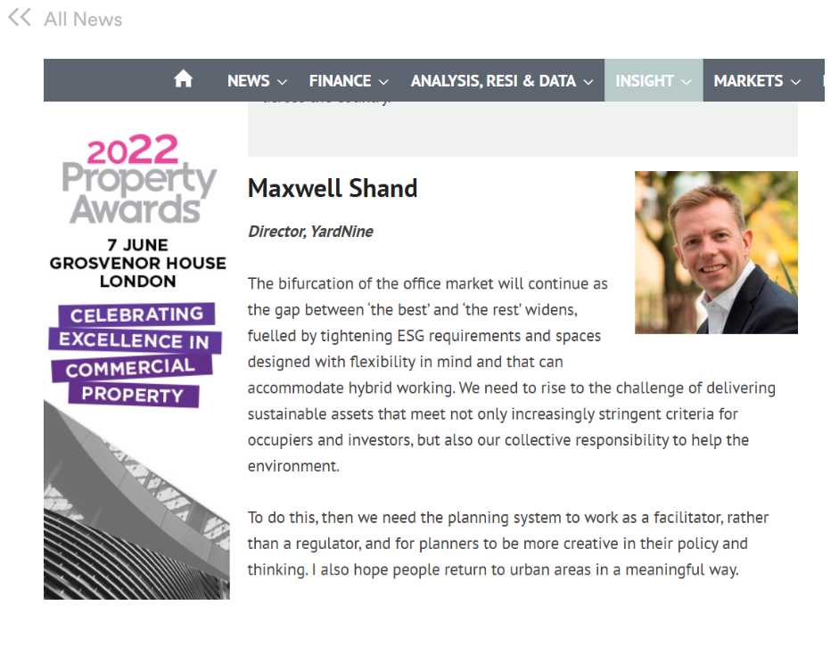 Maxwell Shand features in Property Week’s ‘Predictions for 2022: Brace yourself’ and Liz Hamson’s ‘It’s all offices and politics’